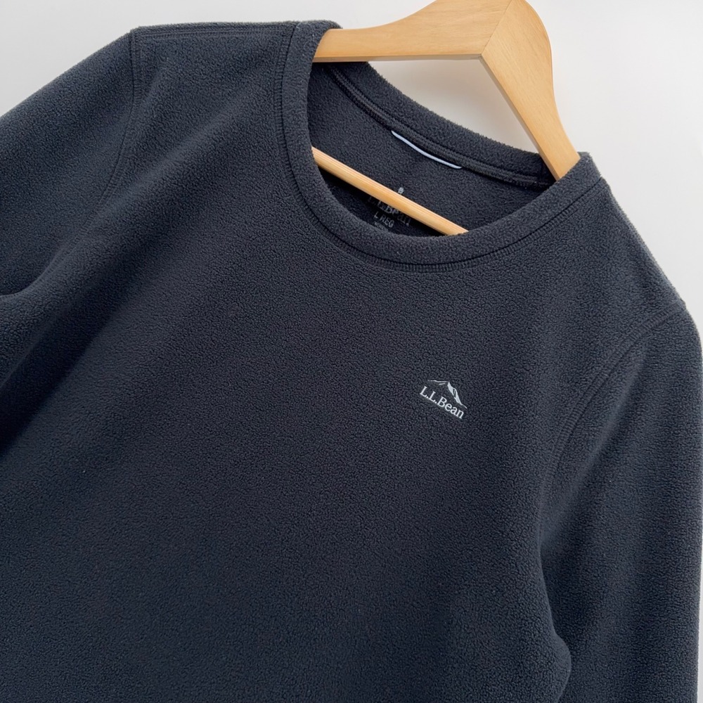 L.L. Bean Fleece Pullover Womens Large Black Crew Neck Button Hem Trail Tee LS